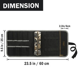 Tool Roll Up Pouch, Tool Storage Roll with Brass Zipper Pocket, Heavy Duty 16oz Waxed Canvas Wrench Roll (60x25cm) - Sturdy Tool Organizer Roll for Mechanics Truckers - Black