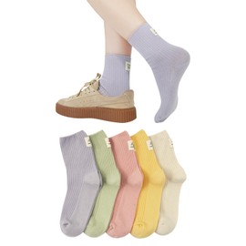 DAMILY Women's Socks, Spring and Summer, Loose Crew Socks, Set of 5, Cute, Cotton, Not Stuffy, Stylish, Nursing Care Socks, Women's Socks, 8.7 - 9.8 inches (22 - 25 cm), Solid Color, For Commuting to