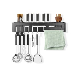 16In Stainless Steel Kitchen Knife Holder Wall Mounted with Hooks, Heavy Duty Adhesive Knife Strip for Wall, Kitchen Knife Storage Block, Knife Rack Organizer for Hanging Spoon Chopsticks (40cm)