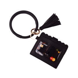 Lantintop Multifunctional Key Ring with Card Holder PU Leather Round Key Ring With Matching Wristlet Wallet For Women Girls (Black)