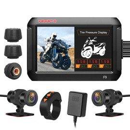 VSYSTO WiFi Positive/Reversed Three Wheeled Motorcycle Dash Cam, 3 Tire Pressure Sensors, 4'' Screen HD 1080P 150° Wide Angle SONY307 Front and Rear Camera, GPS, Full Body Waterproof (Black-X)