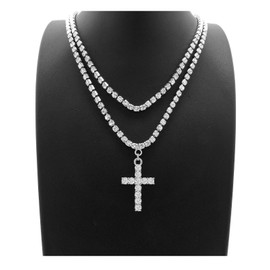 Shiny Jewelers USA Mens Iced Out Cz Ankh Cross Hip Hop Pendant 3mm 16" & 18" 1 Row Tennis Chain Necklace (Cross Tennis Necklace Silver)