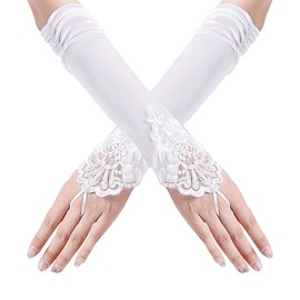 Andiker Fingerless Long Evening Gloves, Opera Elbow Lace Satin Gloves, Bridal Women Mittens for Wedding Party (White)