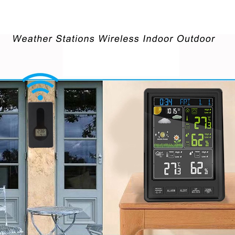 Weather Stations Wireless Indoor Outdoor Color Display Black 3 Channels