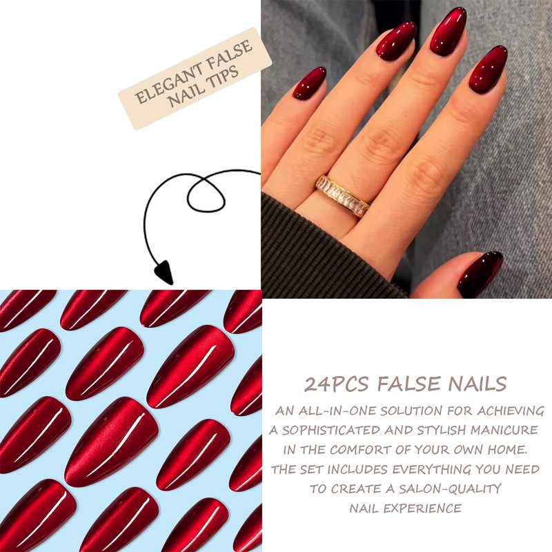 False Nails - 24PCS Short False Nails - Almond Red