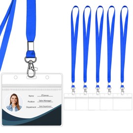 WILLIZTER Clear ID Badge Holder with Lanyard Water Proof Horizontal Display Identification Card Name Card Protector with Zipper Resealable Nametag Holder (Blue - 6PCS)