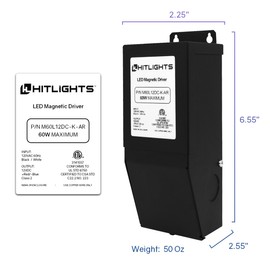 HitLights 60 Watt Dimmable Driver, Magnetic, for LED Light Strips - 110V AC-12V DC Transformer. Made in the USA. Compatible with Lutron and Leviton