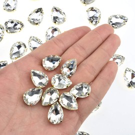 Hahiyo 13x18mm Sew On Rhinestones Claws Base High Transparent Glass Crystal Gems Metal Back Prong Setting Easy Glue Tear Drop 48 Pieces Multi-Function for Jewelry Gift Dress Arts Crafts Decorate