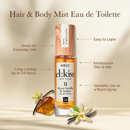 EL:KISS Hair Perfume & Body Mist, Eau de Toilette 30mL (1.01 Fl Oz), Hydrating & Long-Lasting, Alcohol-Free With Jojoba, Argan Oil & Aloe Vera (Warm Vanilla & Amber)