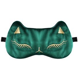 JRINYE Cute Cat Silk Sleep Mask Adjustable Eye Mask Sleeping Mask Eye Cover Soft Satin Blindfold Eye Shade for Girls Women Men Travel Nap - Green