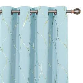 Deconovo Gold Wave Print Blackout Curtains for Bedroom, Thermal Insulated Curtains for Living Room, Room Darkening Drapes (Sky Blue/Wave, 52x84 Inch, 2 Panels)