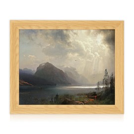 Brivoria Framed Canvas Wall Art Vintage Decor, Dramatic Mountain Scene with Dark Forest Canoes and Cloud Break Above Lake for Hallway Dining Room or Nature-Inspired Wall Decoration, 13"x16"