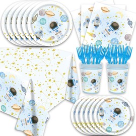 141Pcs First Trip Around The Sun Decorations for Moon Baby Shower Blue Space Birthday Paper Plates and Napkins Forks Cups Cutlery Tablecloch Party Supplies for 20 Guests Outer Space Party Decorations