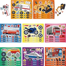 24 Sheets Make Your Own Stickers Make A Face Stickers for Kids Toddlers with Construction Ambulance Fire Truck Freight Car Police Car Jeep Train DIY Craft Stickers Kids Party Favor Supplies