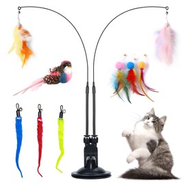 LDBKLGHJ Cat Feather Toys, 9 PCS Cat Toys with1 Double-Ended Suction Cup, Detachable 2PCS Cat Wand Toys, Interactive Cat Toy for Indoor Cats Kitten Play Exercise