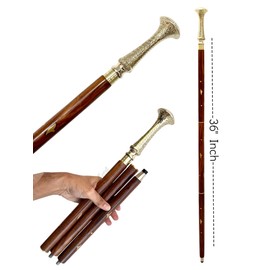 Vintage Engraved Brass Handle Comfortable Grip Walking Stick Brown 3 Pcs Victorian Wooden Walking Cane Costume Accessoried Durable 3 Foldable Stick for Hiking
