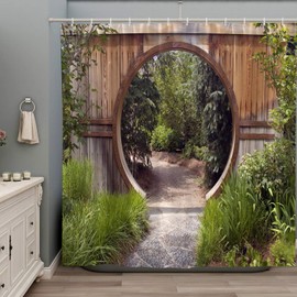 ZZYSKS Courtyard Scenery Shower Curtain Spring Green Leaves Plant Landscape Chinese Classical Architecture Arch Retro Bathroom Decor Set Polyester Fabric with Hooks 70Wx70H Inch