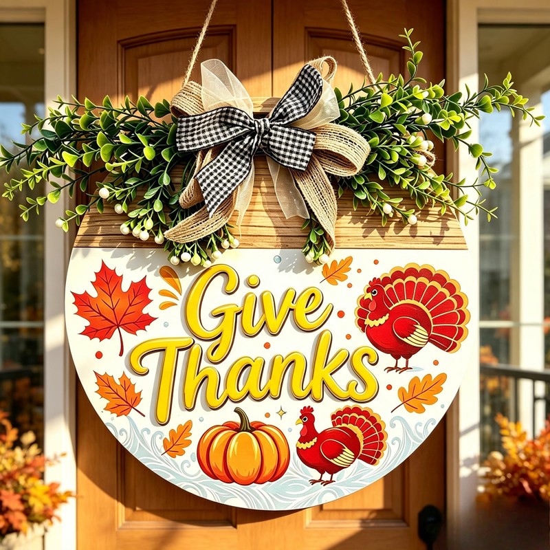 12 Inch Thanksgiving Wooden Wreath Sign, Give Thanks Front Door