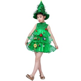 AGQT Little Girls Christmas Tree Costume Sleeveless Xmas Party Christmas Elf Green Multi-Layer Tulle Santa Claus Tutu Dress Size 10-11T