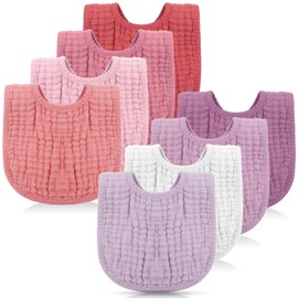Frienda 8 Pcs Muslin Bibs Baby Cotton Bandana Drool Bibs Bulk for Boys Girls Newborn Infant 6 Absorbent Layers Bibs Feeding Accessories Teething Eating Supplies (Pink Purple Colors)
