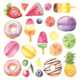 Maydahui 2 Sheets（48 Count) Ice Cream Wall Decal Donuts Wall Sticker 11*11inch Colorful Fruit Stickers Macaron Dessert Popsicle Decals for Nursery Kids Room Fridge Decoration Children's Day Decor