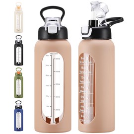 chunmo 32 oz Glass Water Bolttles with Straw Large Motivational Water Bottle with Time Marker Sports Water Bottles with Silicone Sleeve and Handle Lid Water Jug for Gym Workout