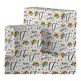 Hunts England - 5 Sheets Of 17th Birthday Fun Wrapping Paper For Boy/Girl - Includes 5 Gift Tags - Age 17 Folded Gift Wrap For Him/Her - Iconic Collection - Colourful Age Seventeen Gift Wrap