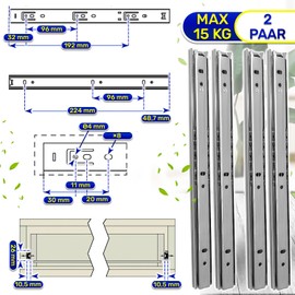 1 Pair of Ball Bearing Drawer Runners 300 mm x H 27 mm – Telescopic Extension Runners Have a Partial Extension of 212 mm MONTERAL