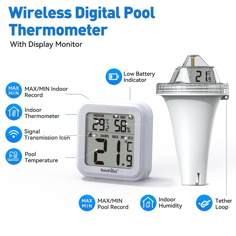 RAINPOINT Wireless Pool Thermometer - Accurate Swimming Pool and Pond