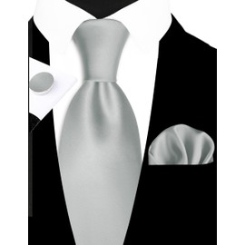 GUSLESON Mens Silver Grey Tie Silk Wedding Necktie Pocket Square and Cufflinks Set (0785-09)