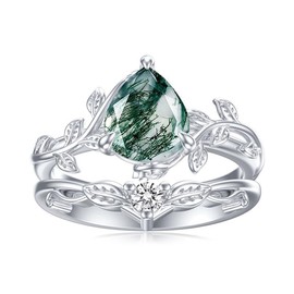 DONGHU 2ct Pear Cut Natural Moss Agate Engagement Ring Set Size 5 Sterling Silver White Gold Plated Green Agate Ring Set Aquatic Agate Vintage Unique Bridal Wedding Ring Set