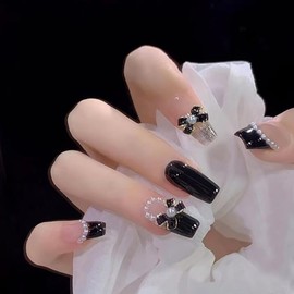 CLOGRATIA Nail Tips Landmine Style Black Korean False Nails Mass-Produced Type Ribbon Pitch Black 3D Subculture Otaku Activity (Black Ribbon)