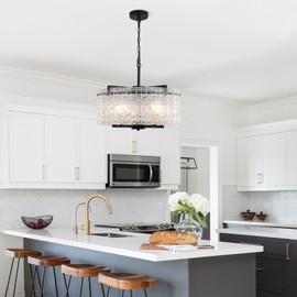 WTYUIO Modern Black Crystal Chandeliers for Dining Room, 5 Light Round Glass Drum Chandelier Over Table, Luxury Water Ripple Glass Light Fixture Chandelier for Dining Room Foyer Living Room Bedroom