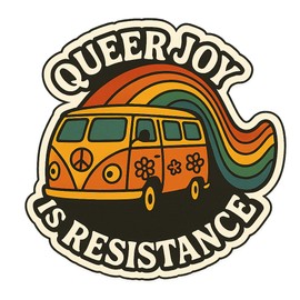 Pride Retro Van with Rainbow Trail Peace & Love 70s Sticker (3" x 3")
