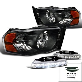 SPEC-D TUNING Diamond Black Headlights+LED Bumper DRL Fog Lamps Made For 2002-2005 RAM Ram 1500 2500 3500