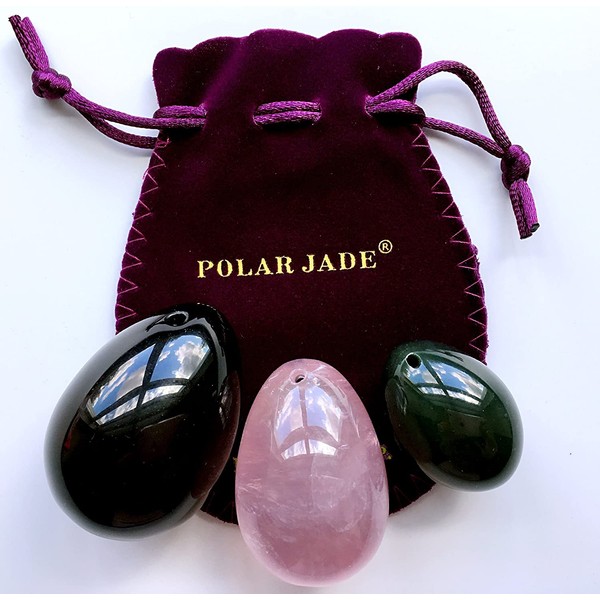 Yoni Eggs 3-pcs Set of 3 Gemstones, Drilled, with String & User Instructions, Made of Nephrite Jade, Rose Quartz and Black Obsidian, L/M/S 3 Sizes for Training Love Muscles as Kegel Exercisers
