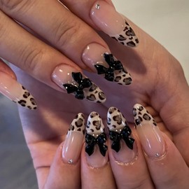 RIICFDD Fall Press on Nails Almond Shape Fake Nails Long Length Acrylic Nails with Leopard Print Pattern Designs Stick on Nails Bow Nail Charms Full Cover Autumn Winter Glue on Nails for Women 24 Pcs