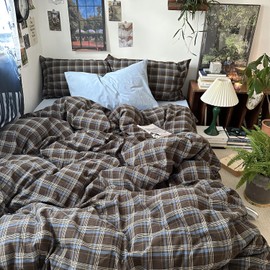 mixinni Vintage Brown & Blue Buffalo Plaid Duvet Cover Set Twin XL Size - 3 Piece Washed Cotton Bedding Set with Grid Pattern, Soft & Breathable Duvet Cover with Pillowcases for Boys, Men& Women
