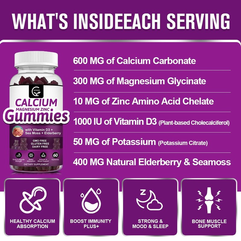 Calcium Magnesium Zinc Gummies with High Absorption Magnesium Glycinate 300mg,