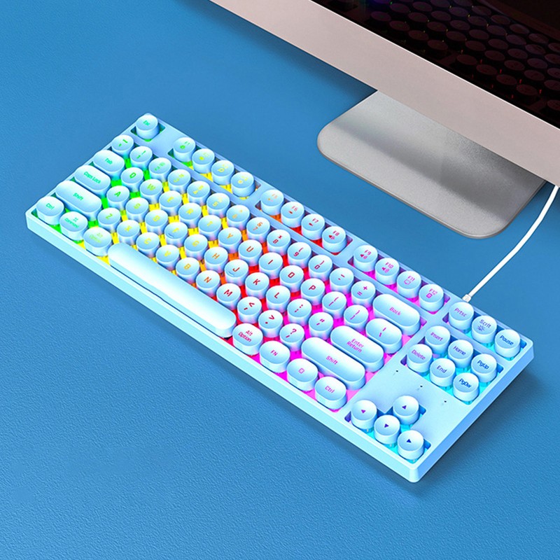 Gaming Keyboard USB Round 87 Keys Colorful Backlit Ergonomic Mechanical