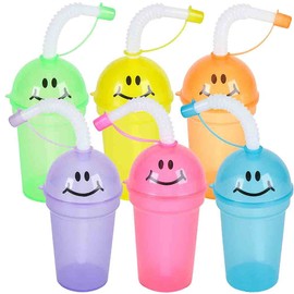 ArtCreativity Smile Face Sipper Cups with Straws & Lids, Set of 12, Fun Assorted Colors, 7 oz Plastic Party Sipper Cups for Kids, Neon Party Favors for Children, Birthday Supplies & Goodie Bag Fillers