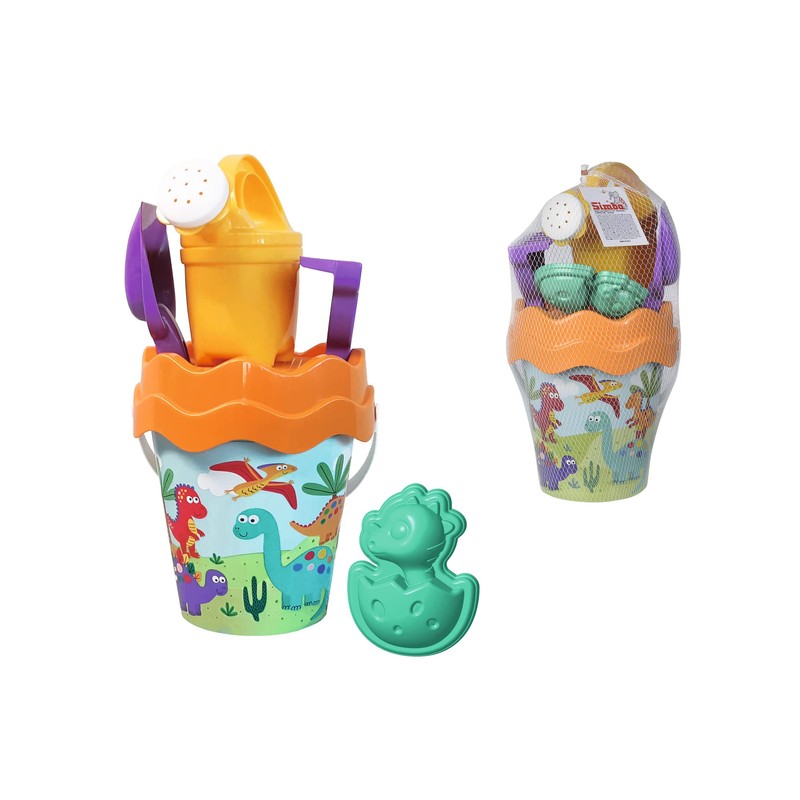 Dino Eimergarnitur, Sandspielzeug, 6 Teile, Eimer, Sieb, Sandform, Schaufel, Rechen,