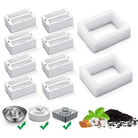 Cat Water Fountain Replacement Filters, 8 Pack Cat Fountain Carbon Filters and 2 Pack Foam Filters for Ceramic Pet Drinking Fountain and Stainless Steel Pet Water Fountain (8+2 Pack)