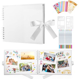 DazSpirit Photo Album 29.5 x 21 cm Photo Album for DIY Black Photo Book with 80 Pages Scrapbook, for 240 Pictures, Includes 12 Metallic Colour Markers, Guest Book for Birthday and Wedding, White