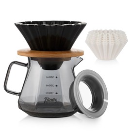 Bincoo 400ML Pour Over Coffee Maker Set with Filter Paper,Ceramic Coffee Dripper with Wood Stand Set for 1-2 Cups-Professional Brewing Tools for Pour Over & Drip for Home Office (Black)