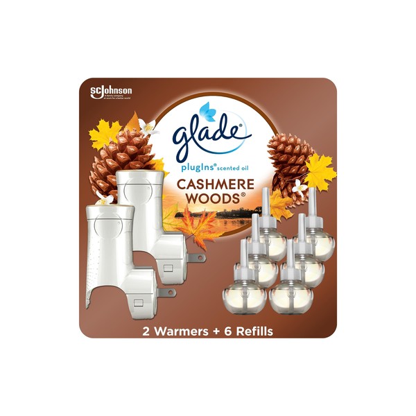 Glade PlugIns Air Freshener Starter Kit, Scented and Essential Oils for Home and Bathroom, Cashmere Woods, 4.02 Fl Oz, 2 Warmers and 6 Refills