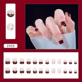Red Press on Nails Short Square Length, 24Pcs Coffin Full Cover Reusable False Nails with Glue, Glue on Nails with Rhinestone Designs, Artificial Fingernails Acrylic Glitter Fake Nails for Women