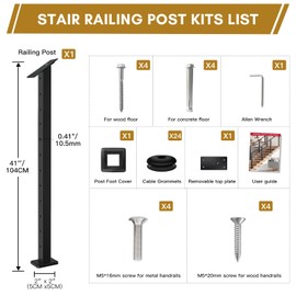 Rayzi Stair Cable Railing Post 42"x2"x2" Slant Fixed Top Stainless Steel Stair Rail Post, Fit for 25-35 Degrees Stairway, Drilled Stair Deck Post Black