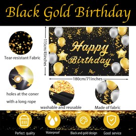Happy Birthday Banner, Birthday Decorations Black Gold,Party Backdrop Banner Fabric Banner for Men Women Birthday Photo Backdrop,Photography Background,Outdoor Garden Table Wall Decor