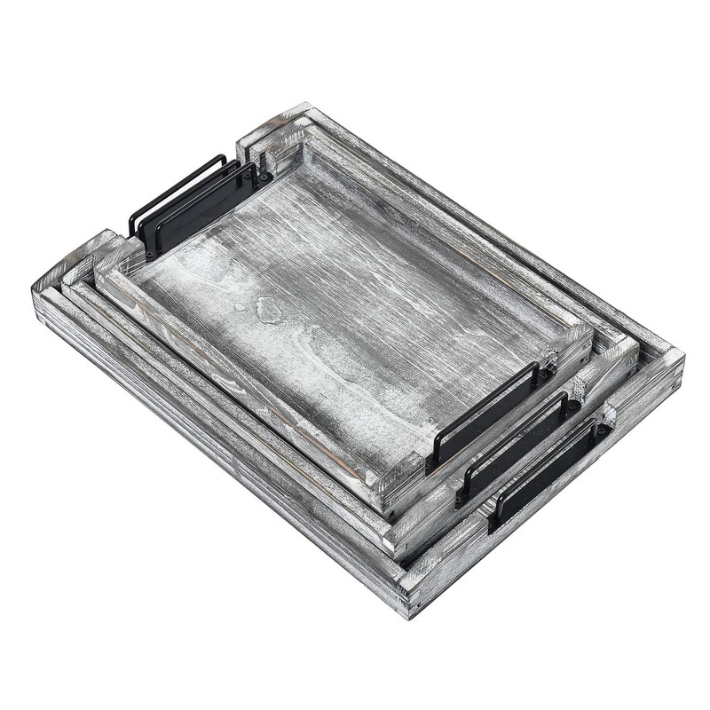 VERGOODR Country Rustic Torched Wood Nesting Breakfast Serving Trays with